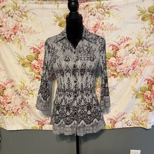 Chic Women's Black and Gray Lace Blouse. Size M.